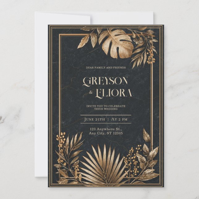 Metallic Gold Tropical Black Marble Wedding Invitation (Front)