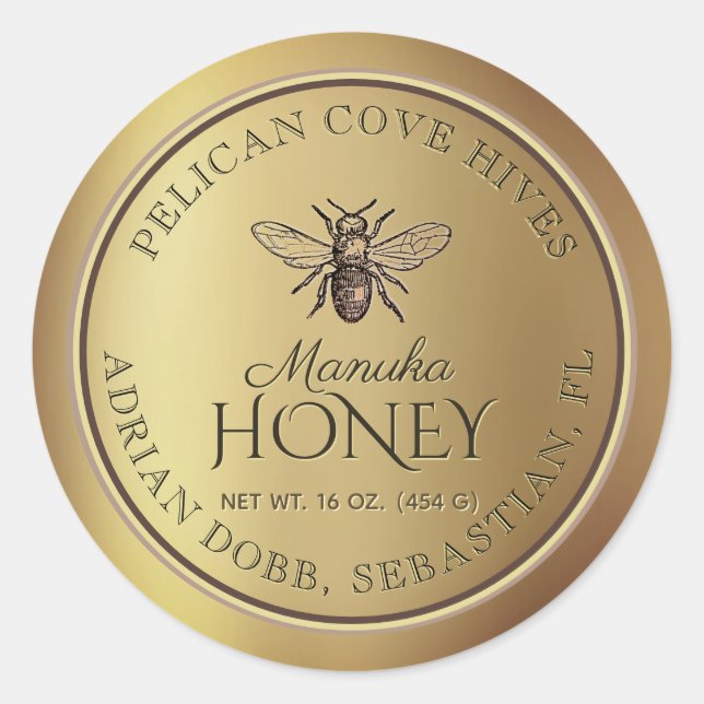 Metallic Gold Vintage Honey Bee Classic Round Sticker (Front)