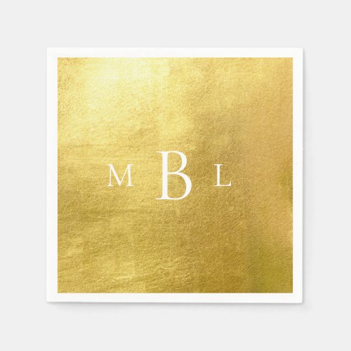 Metallic Gold White Monogram Wedding Cocktail Napkins