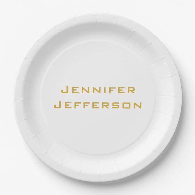 Metallic Gold & White Professional Modern Elegant Paper Plates (Front)