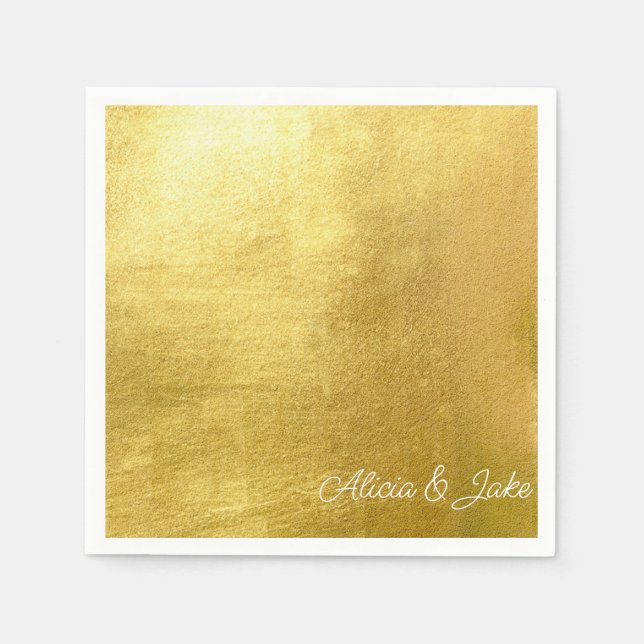 Metallic Gold White Script Names Wedding Napkins (Front)
