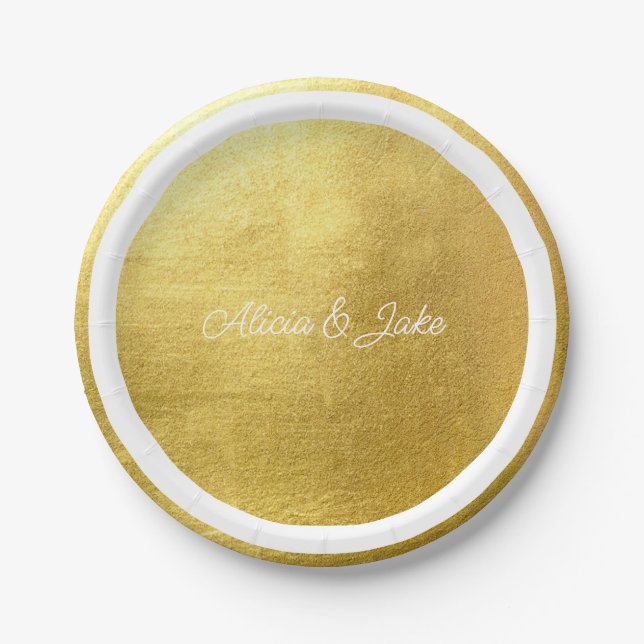 Metallic Gold White Script Names Wedding Paper Plates (Front)
