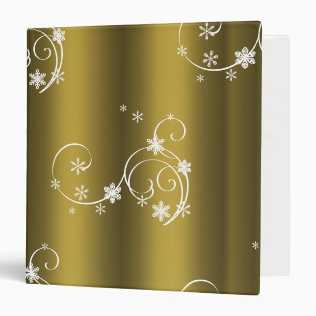 Metallic Gold, White Swirls Christmas 3 Ring Binder (Front/Inside)