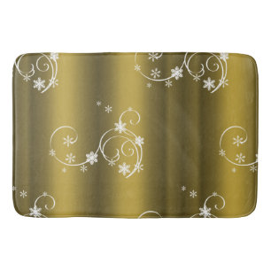 Metallic Gold, White Swirls Christmas Bathroom Mat