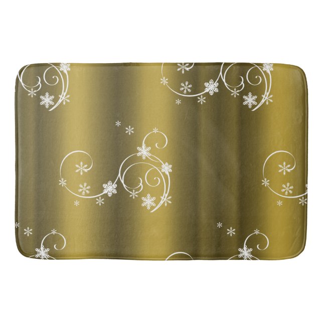 Metallic Gold, White Swirls Christmas Bathroom Mat (Front)