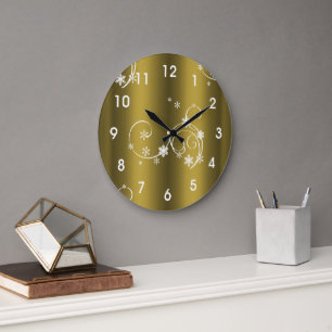 Metallic Gold, White Swirls Christmas Large Clock