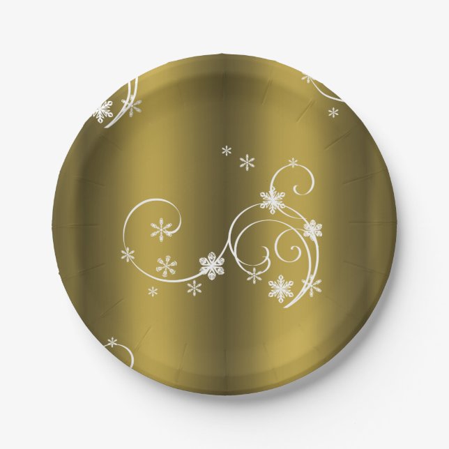 Metallic Gold, White Swirls Christmas Paper Plates (Front)