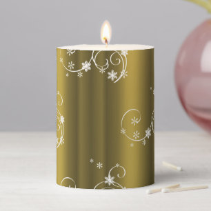 Metallic Gold, White Swirls Christmas Pillar Candle