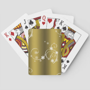 Metallic Gold, White Swirls Christmas Poker Cards