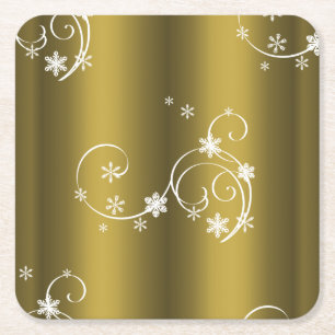 Metallic Gold, White Swirls Christmas Square Paper Coaster