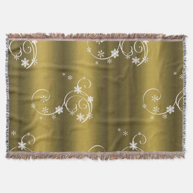 Metallic Gold, White Swirls Christmas Throw Blanket (Front)
