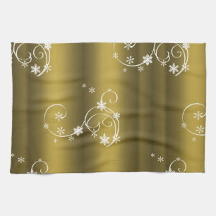 Metallic Gold, White Swirls Christmas Towel