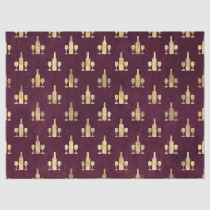 Metallic Gold Wine Bottles and Glasses on Maroon Tissue Paper