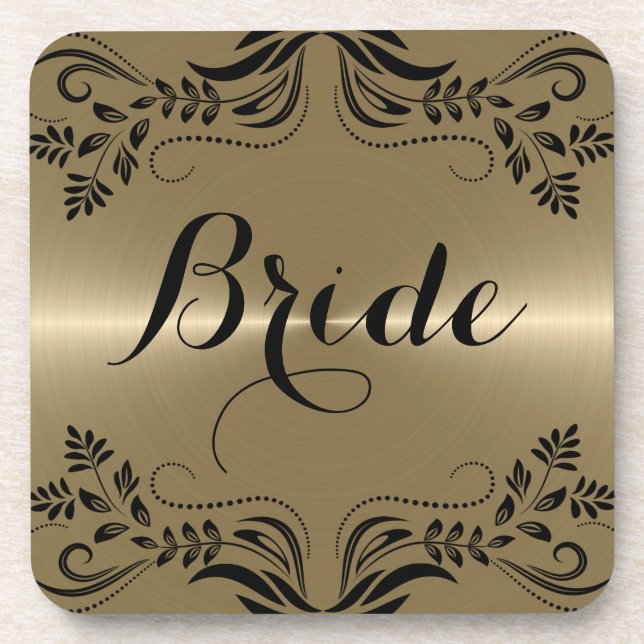 Metallic Gold With Black Floral Frame Beverage Coaster (Front)