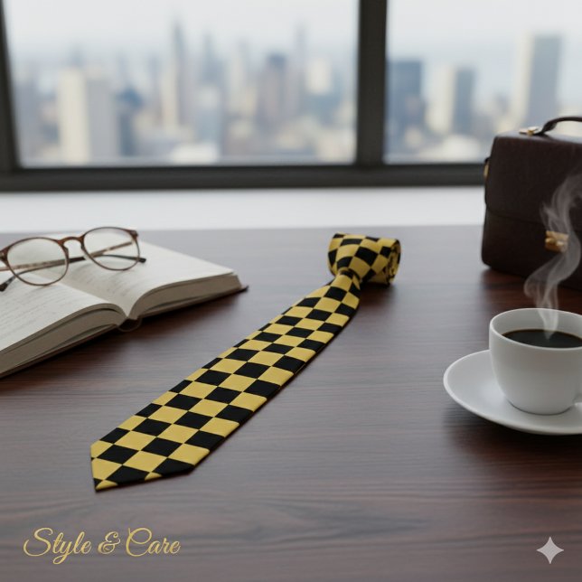 Metallic Gold with Black Square Pattern Neck Tie (Metallic Gold with Black Square Pattern Neck Tie)