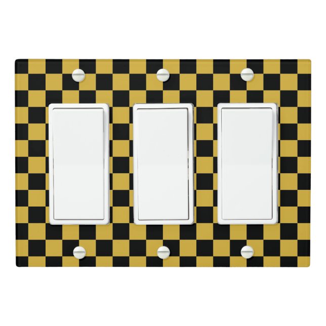 Metallic Gold with Black Square Pattern Triple Light Switch Cover (In Situ)