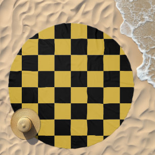 Metallic Gold with Black Square Style PatternRound Beach Towel