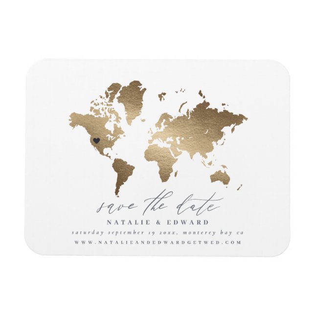 Metallic gold world map wedding announcement magnet (Horizontal)