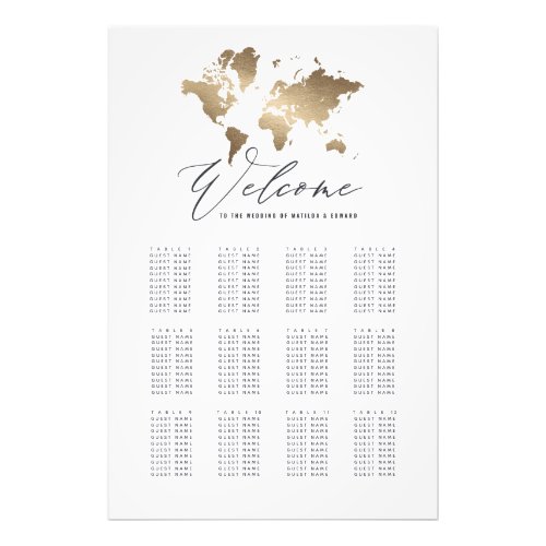 Metallic gold world map wedding seating plan photo print
