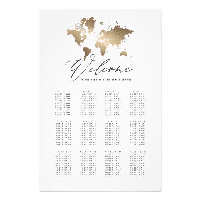 Metallic gold world map wedding seating plan photo print (Front)