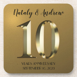 Metallic golden 10th Wedding Anniversary Beverage Coaster