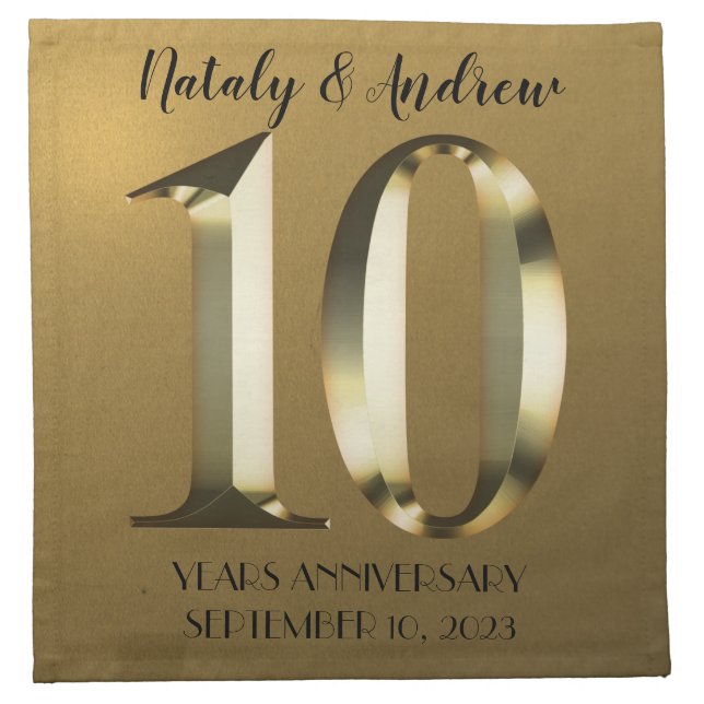 Metallic golden 10th Wedding Anniversary Cloth Napkin (Front)
