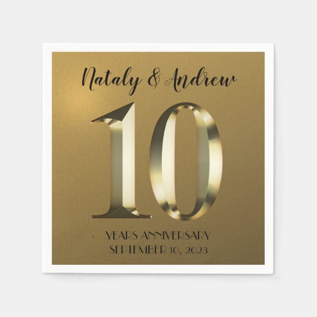 Metallic golden 10th Wedding Anniversary Napkins (Front)