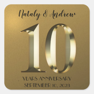 Metallic golden 10th Wedding Anniversary Square Sticker