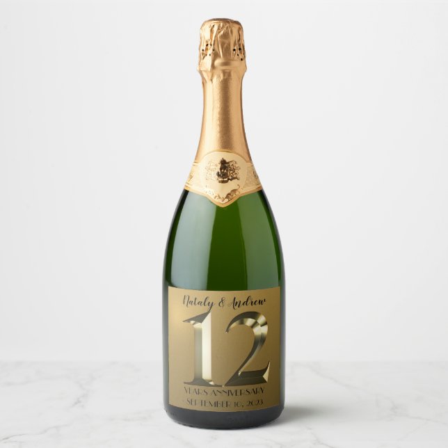 Metallic golden 12th Wedding Anniversary Sparkling Sparkling Wine Label (Front)