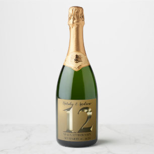 Metallic golden 12th Wedding Anniversary Sparkling Wine Label