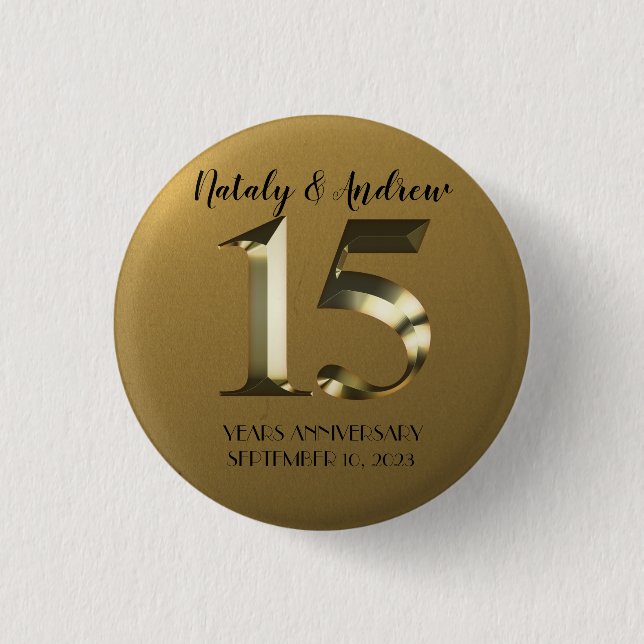 Metallic golden 15th Wedding Anniversary Button (Front)
