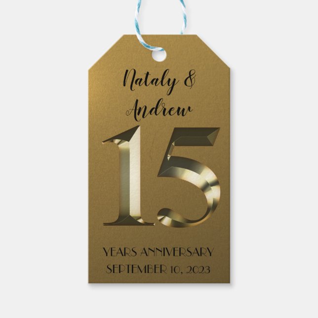 Metallic golden 15th Wedding Anniversary Gift Tags (Front)