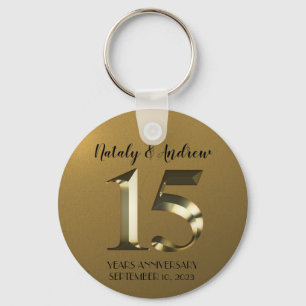 Metallic golden 15th Wedding Anniversary Keychain