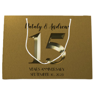 Metallic golden 15th Wedding Anniversary Large Gift Bag