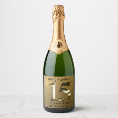 Metallic golden 15th Wedding Anniversary Sparkling Wine Label