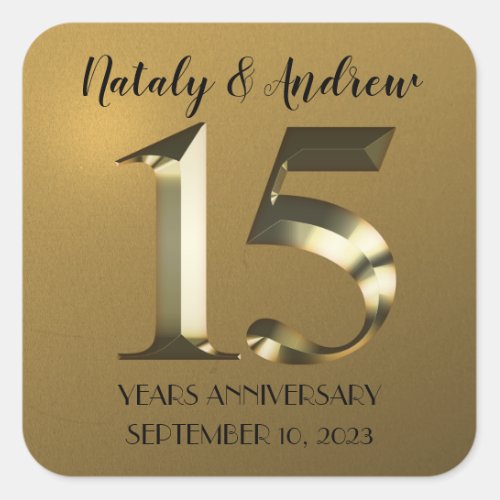 Metallic golden 15th Wedding Anniversary Square Sticker