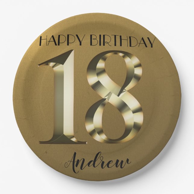 Metallic golden 18th birthday paper plates (Front)