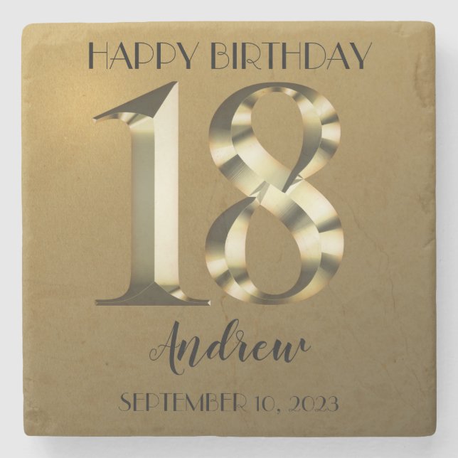 Metallic golden 18th birthday stone coaster (Front)