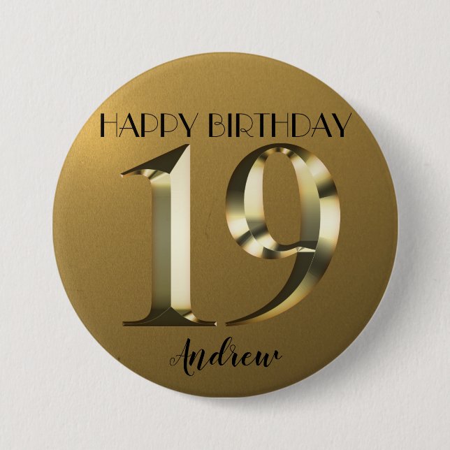 Metallic golden 19th birthday button (Front)