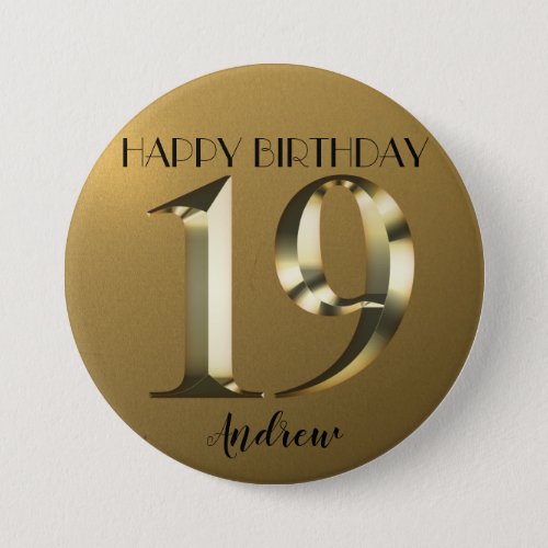 Metallic golden 19th birthday button