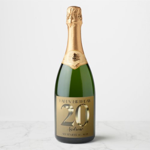 Metallic golden 20th birthday sparkling wine label