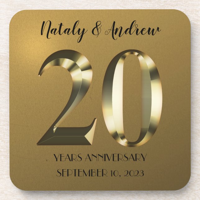 Metallic golden 20th Wedding Anniversary Beverage Coaster (Front)