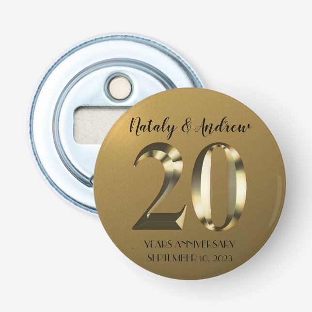 Metallic golden 20th Wedding Anniversary Bottle Opener (Front)