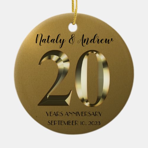 Metallic golden 20th Wedding Anniversary Ceramic Ornament