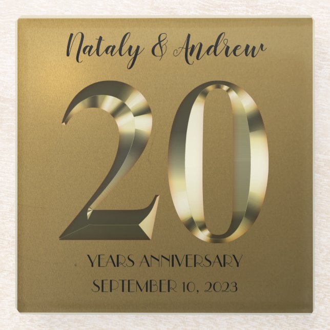 Metallic golden 20th Wedding Anniversary Glass Coaster (Front)