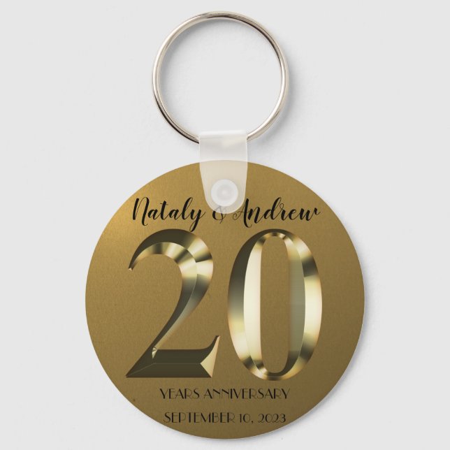 Metallic golden 20th Wedding Anniversary Keychain (Front)