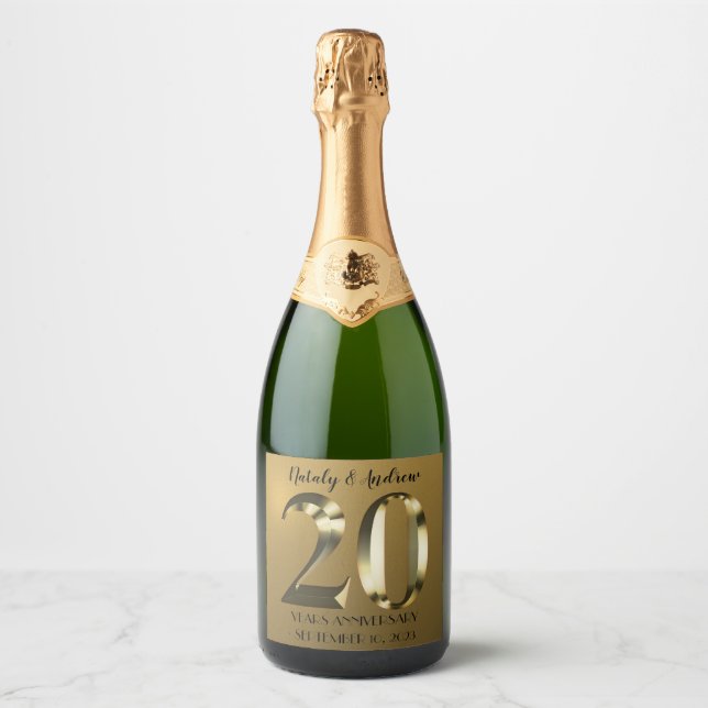 Metallic golden 20th Wedding Anniversary Sparkling Wine Label (Front)