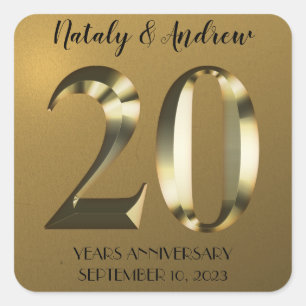 Metallic golden 20th Wedding Anniversary Square Sticker
