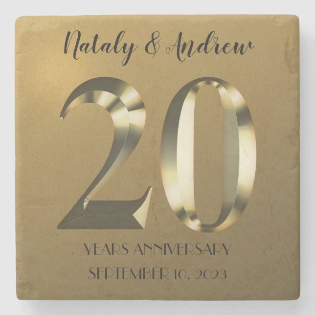 Metallic golden 20th Wedding Anniversary Stone Coaster (Front)
