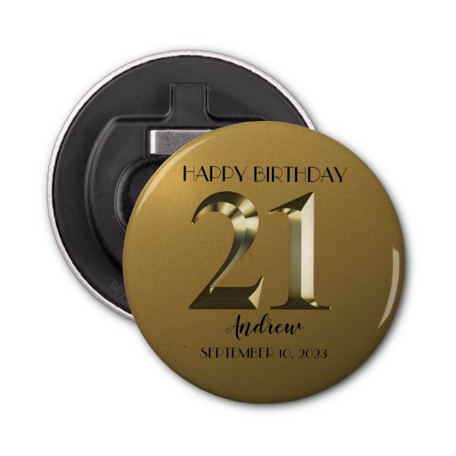 Metallic golden 21st birthday bottle opener (Front)